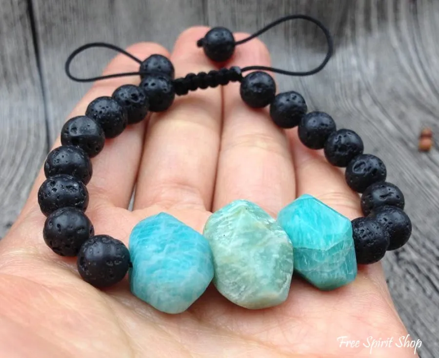 Natural Amazonite Faceted Stone & Black Lava Stone Bracelet