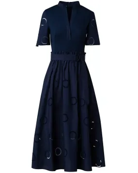 Navy Stand Collar Midi Dress