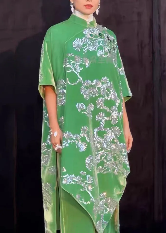 New Chinese Style Green Stand Collar Gilding Asymmetrical Design Dress Summer