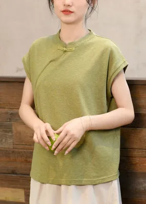 New Chinese Style Green Stand Collar T Shirt Short Sleeved