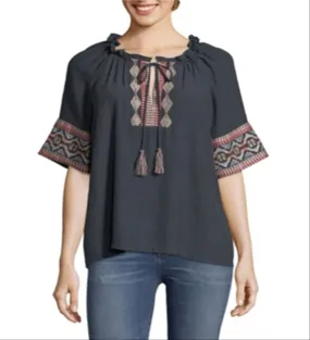 NOSTOCK John Paul Richard Women's Embroidered Peasant Blouse Gray Size Petite X-Small