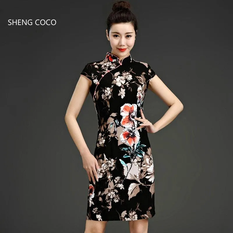 Oriental Style Qipao Dress Black Flower Print Flax