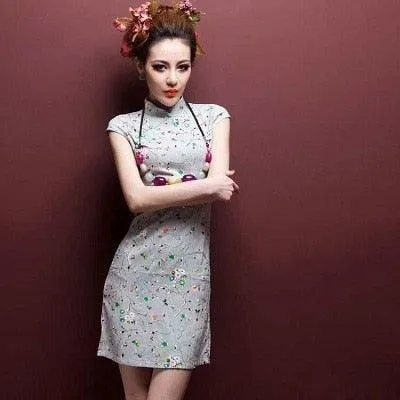 Oriental Style Qipao Dress Black Flower Print Flax