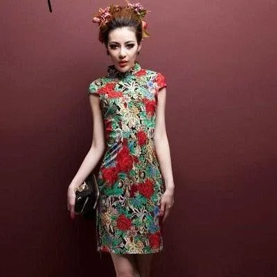 Oriental Style Qipao Dress Black Flower Print Flax