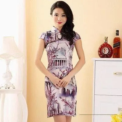 Oriental Style Qipao Dress Black Flower Print Flax