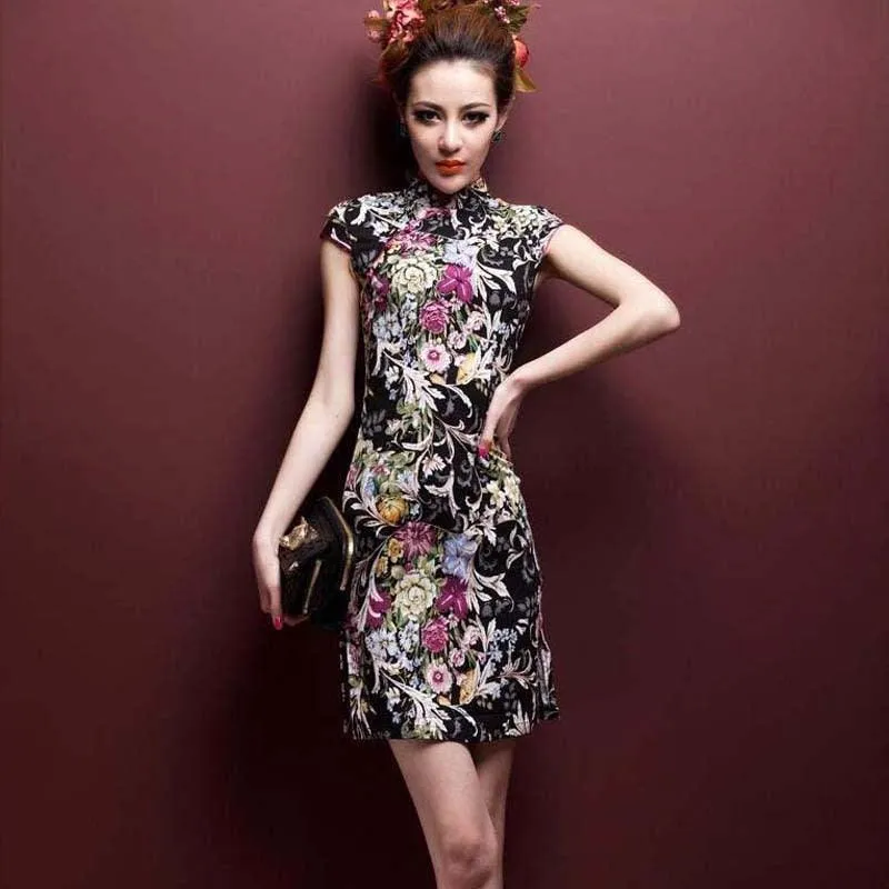 Oriental Style Qipao Dress Black Flower Print Flax