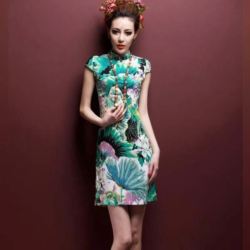 Oriental Style Qipao Dress Black Flower Print Flax