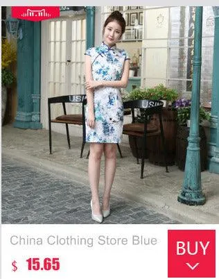 Oriental Style Qipao Dress Black Flower Print Flax