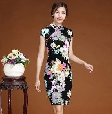 Oriental Style Qipao Dress Black Flower Print Flax