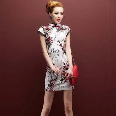 Oriental Style Qipao Dress Black Flower Print Flax