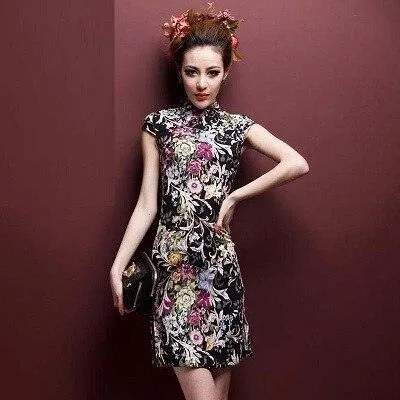 Oriental Style Qipao Dress Black Flower Print Flax