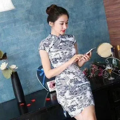 Oriental Style Qipao Dress Black Flower Print Flax