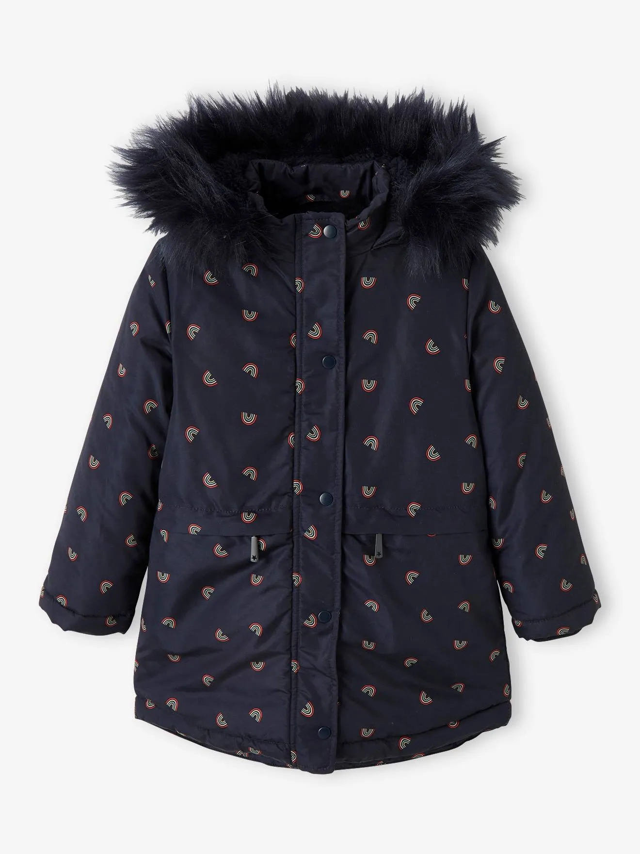 Parka with Hood & Sherpa Lining for Girls - blue dark all over printed