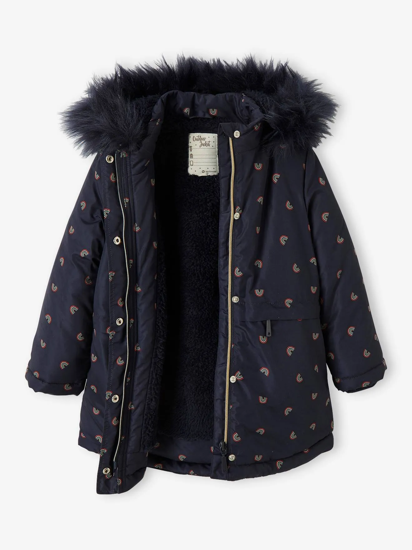 Parka with Hood & Sherpa Lining for Girls - blue dark all over printed