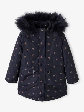 Parka with Hood & Sherpa Lining for Girls - blue dark all over printed