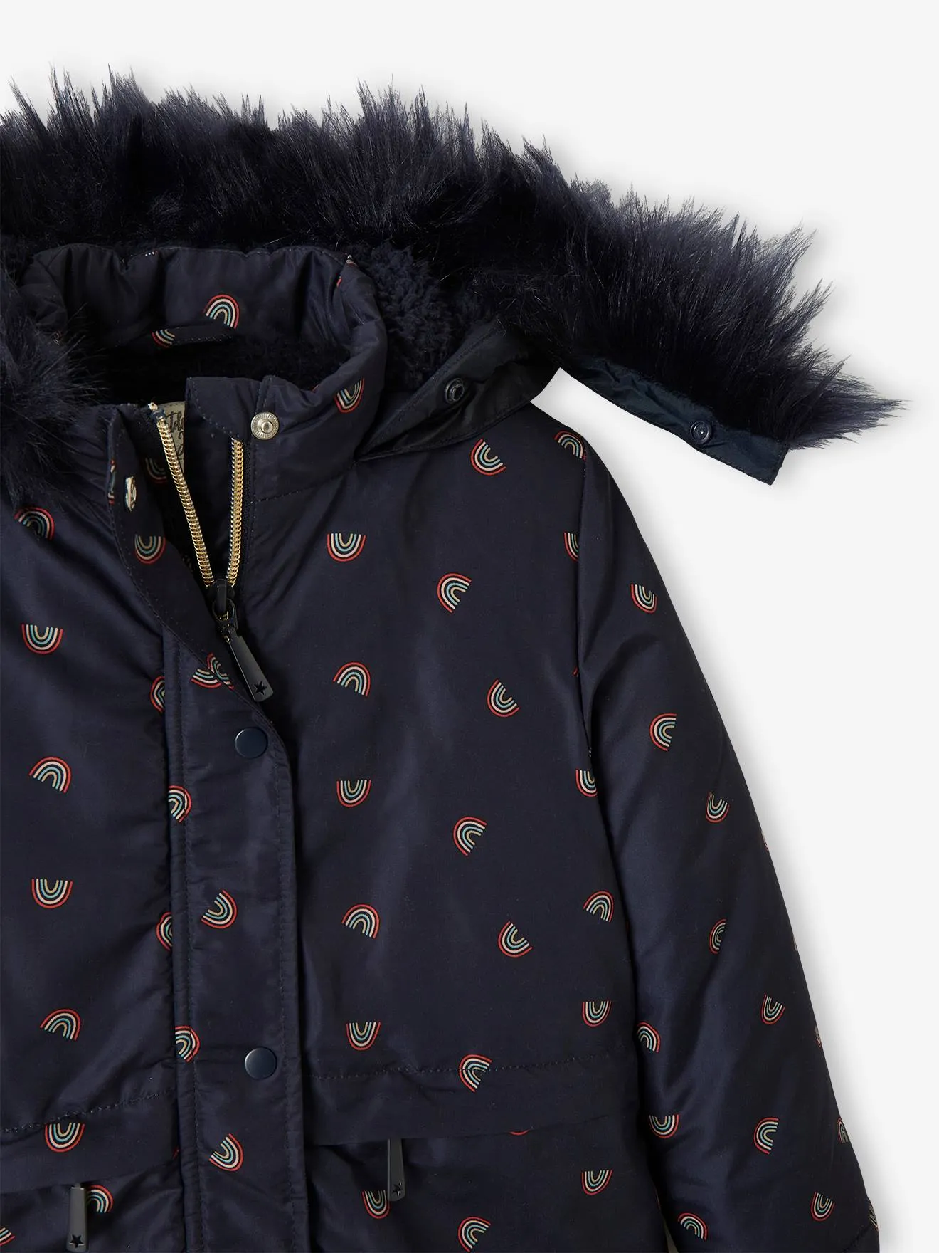 Parka with Hood & Sherpa Lining for Girls - blue dark all over printed