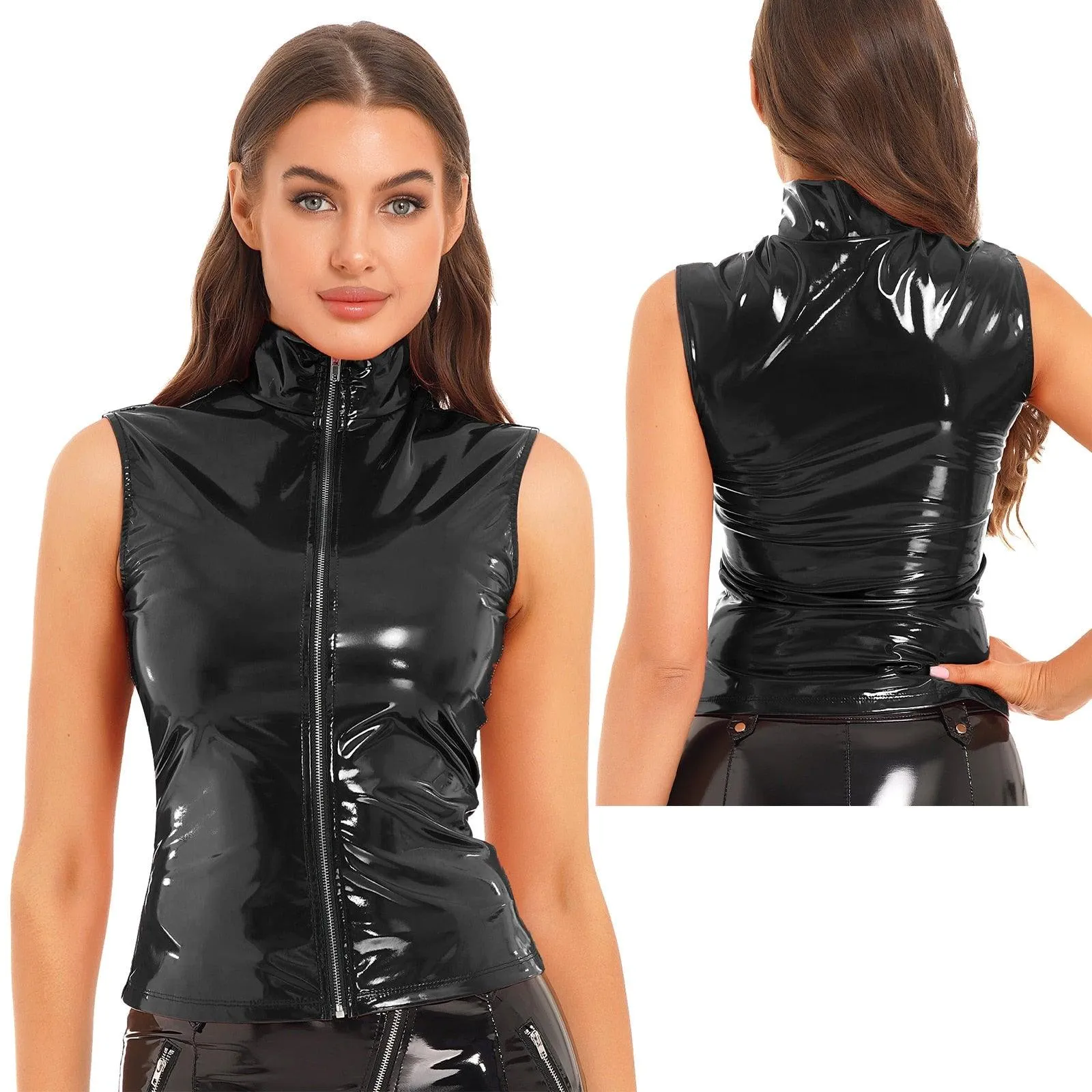 Patent Leather Stand Collar Vest