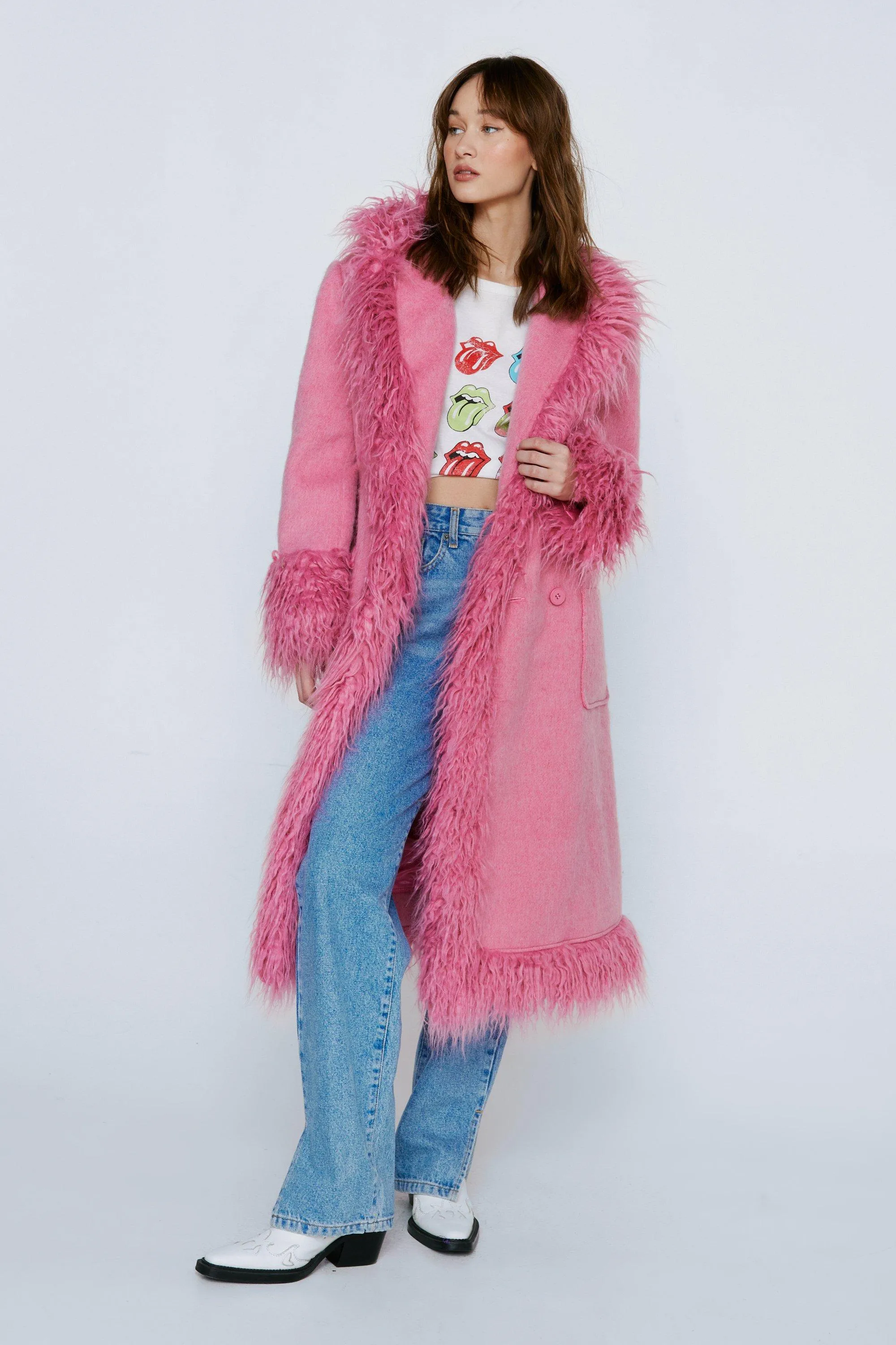 Petite Faux Shearling Fur Trim Wool Coat