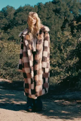 Premium Checkerboard Brown Long Faux Fur Coat