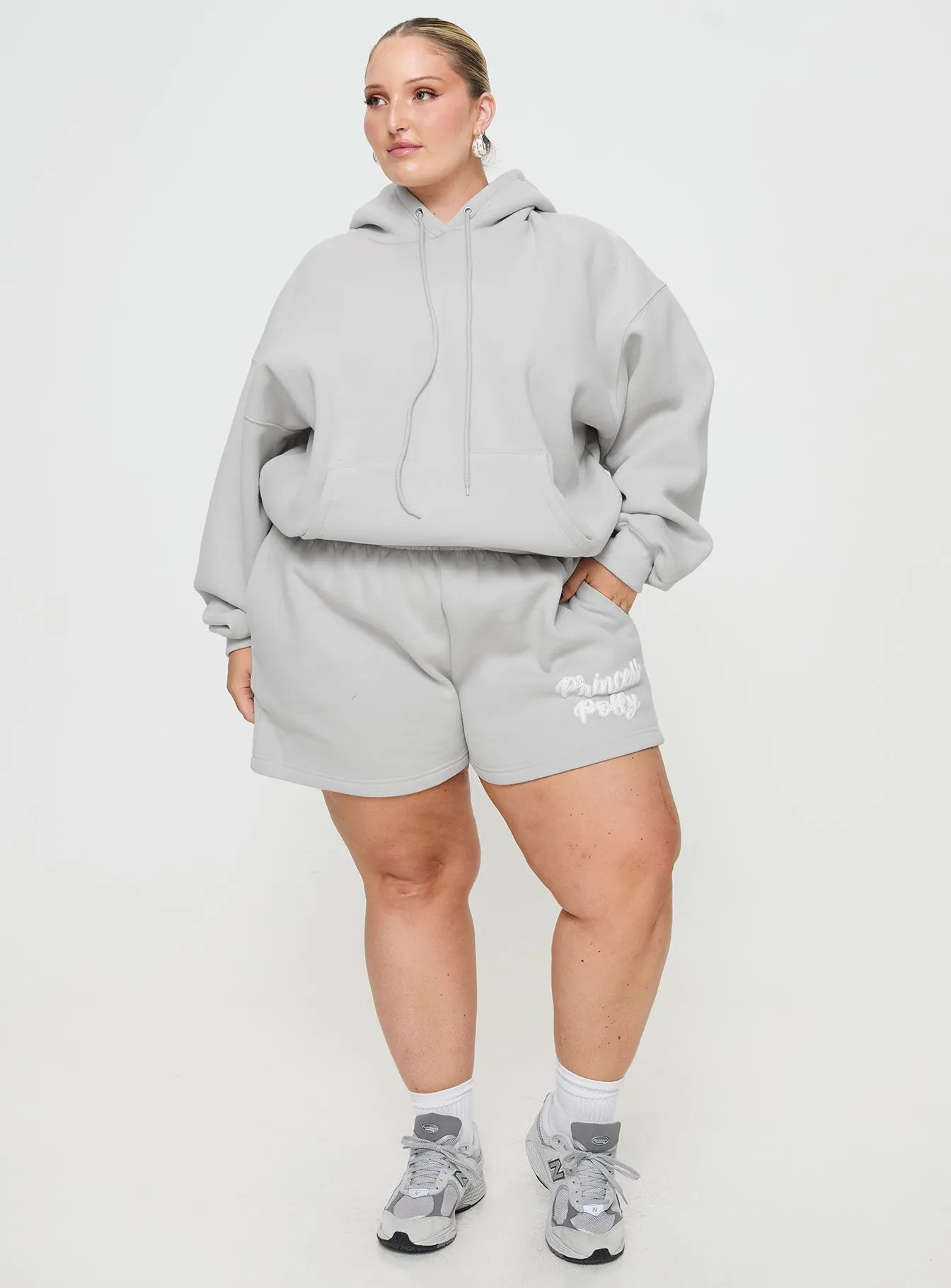 Princess Polly Track Shorts Puff Text Grey Curve