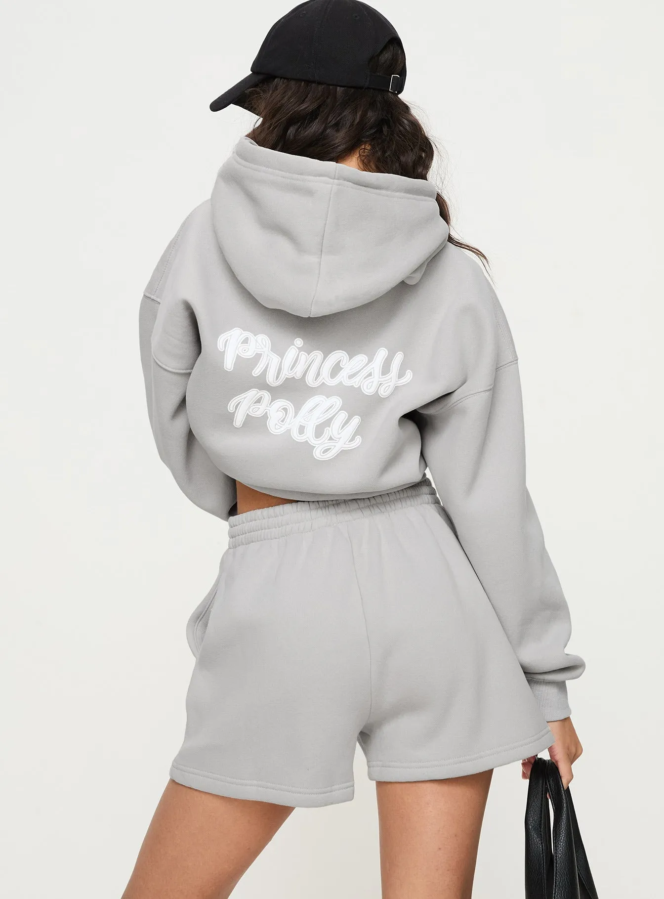 Princess Polly Track Shorts Puff Text Grey