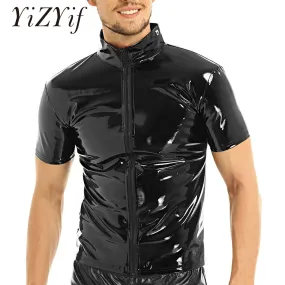 Shiny Metallic Hipster PVC Leather Stand Collar Short Sleeves Front Zip Up Top