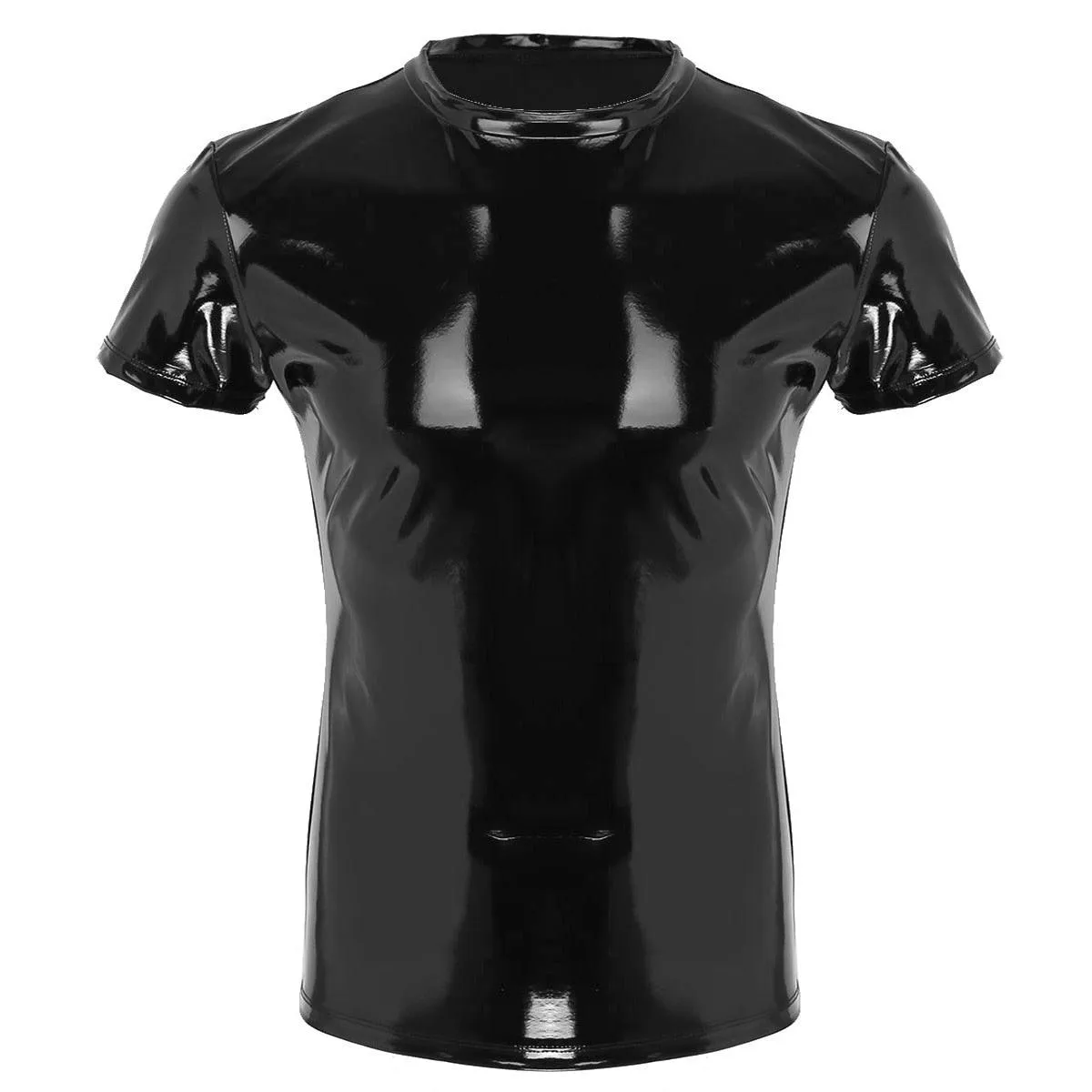 Shiny Metallic Hipster PVC Leather Stand Collar Short Sleeves Front Zip Up Top