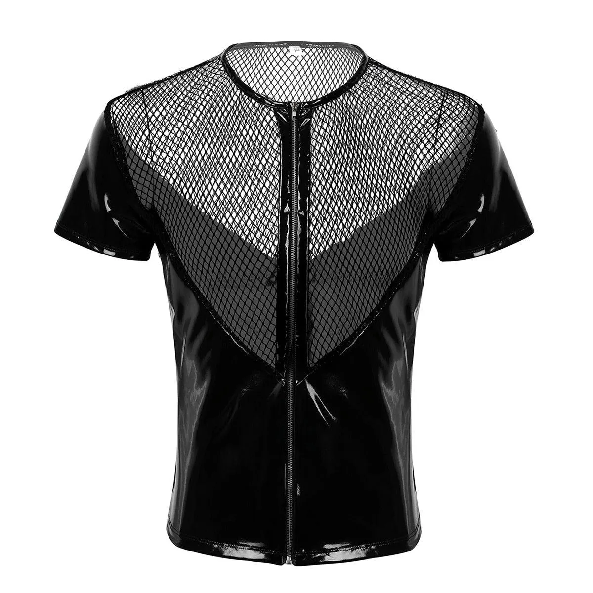 Shiny Metallic Hipster PVC Leather Stand Collar Short Sleeves Front Zip Up Top