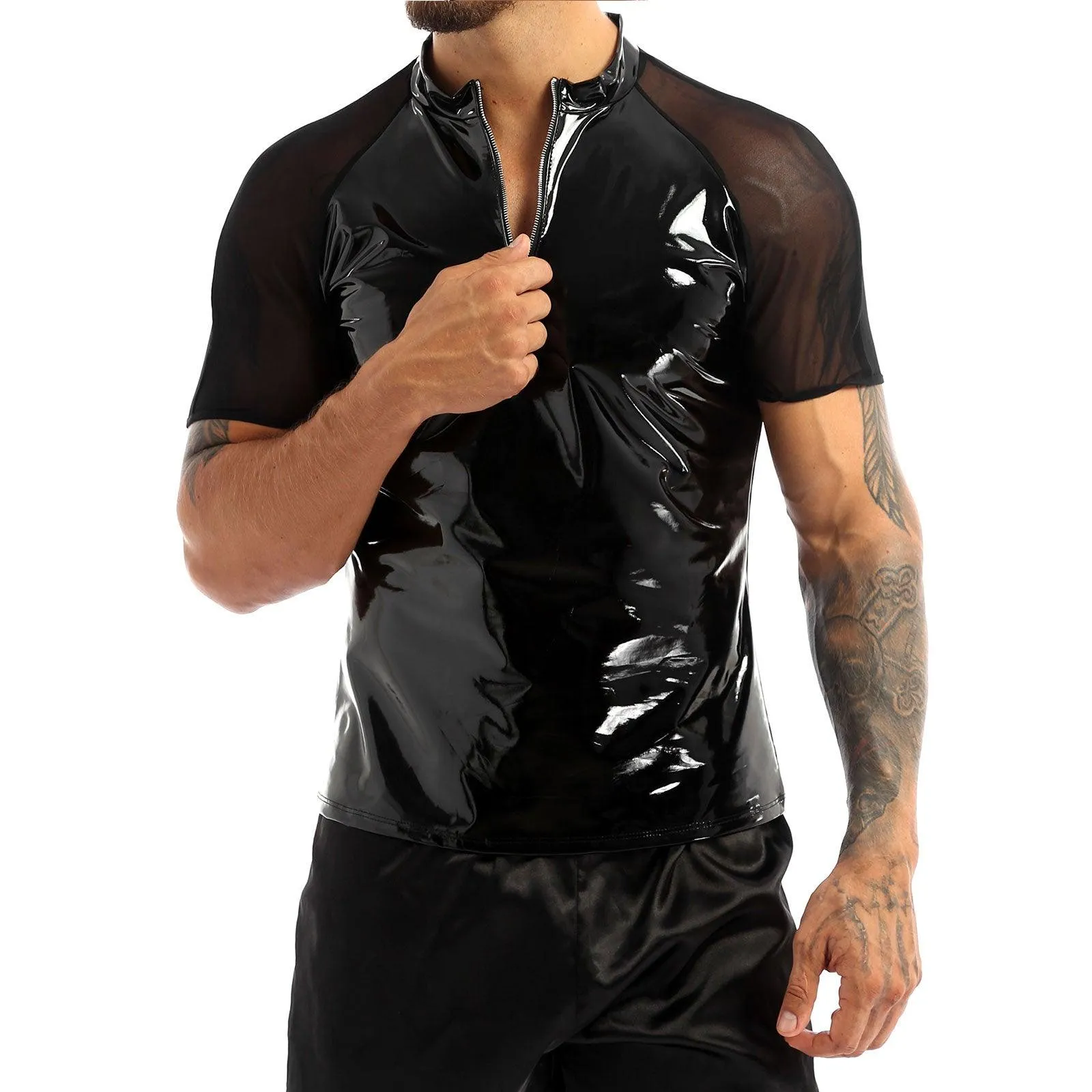 Shiny Metallic Hipster PVC Leather Stand Collar Short Sleeves Front Zip Up Top