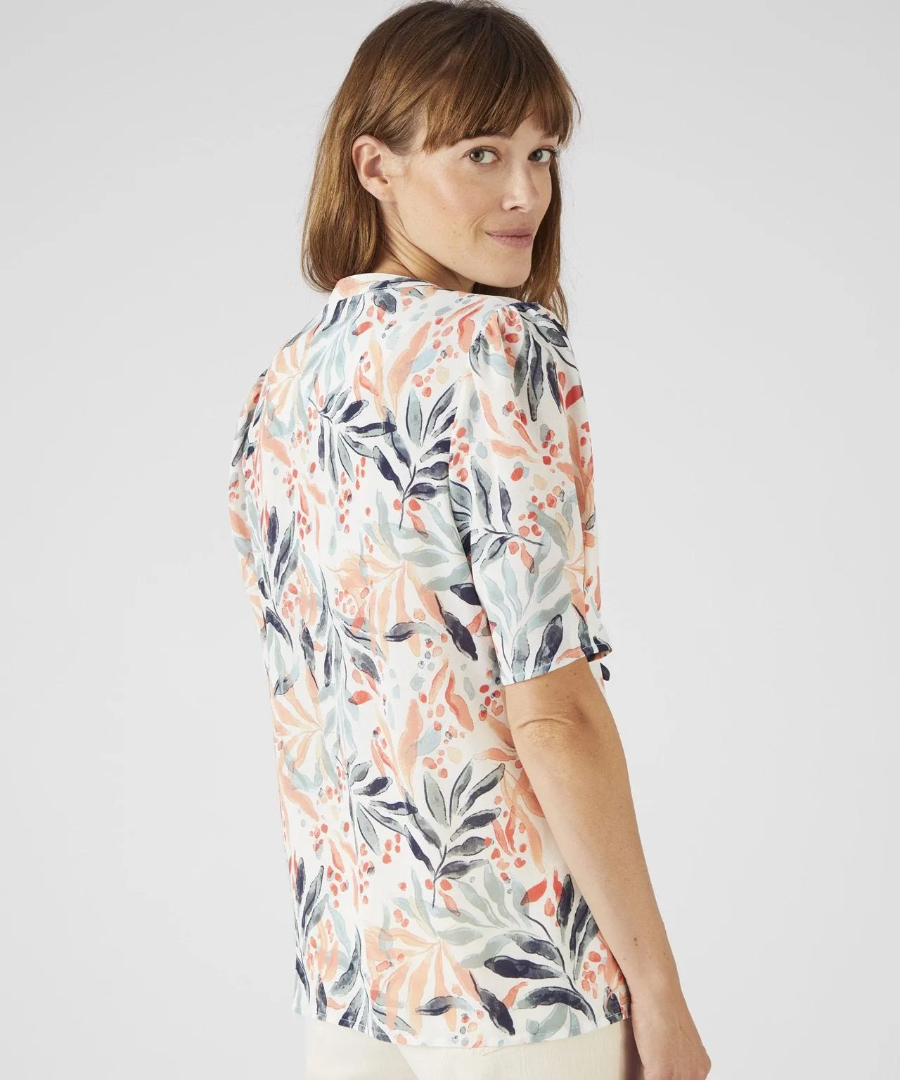 Short Sleeved Button Neck Printed Blouse