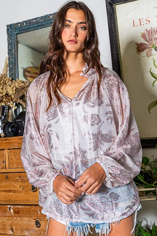 Smoke & Mirrors Smoked Collar Metalic Color Floral Sheer Blouse