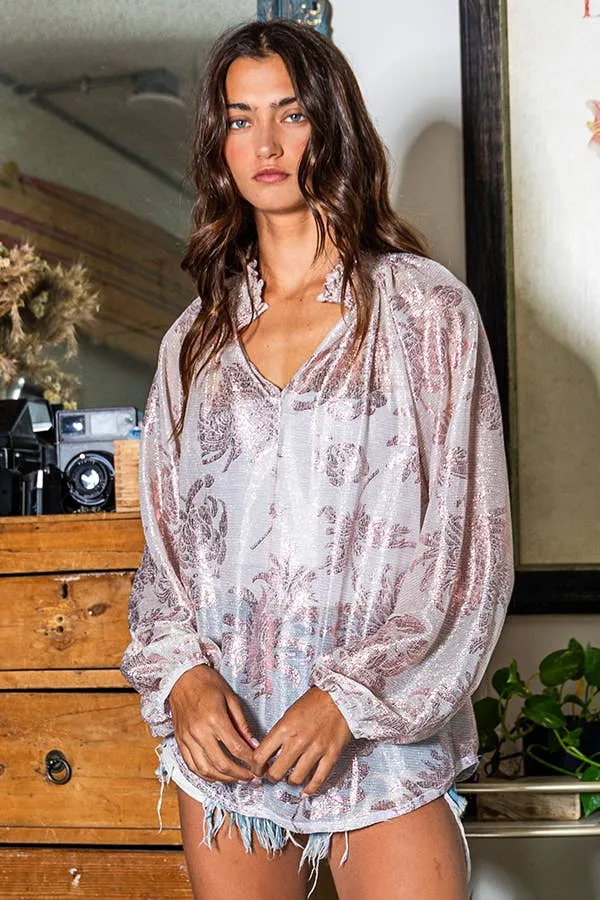 Smoke & Mirrors Smoked Collar Metalic Color Floral Sheer Blouse