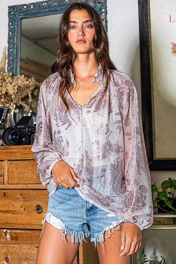 Smoke & Mirrors Smoked Collar Metalic Color Floral Sheer Blouse