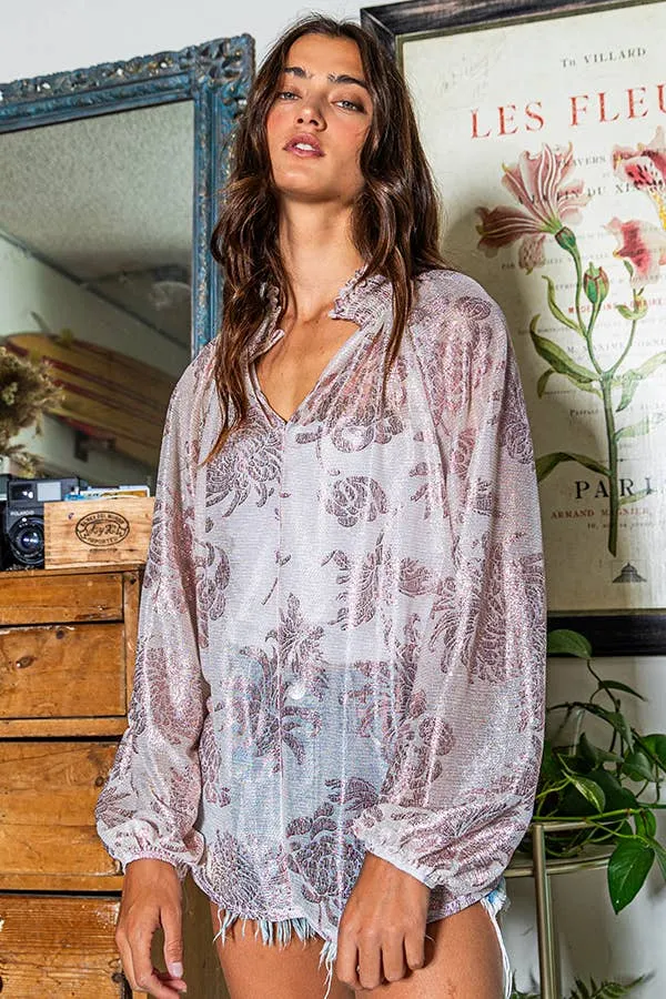 Smoke & Mirrors Smoked Collar Metalic Color Floral Sheer Blouse