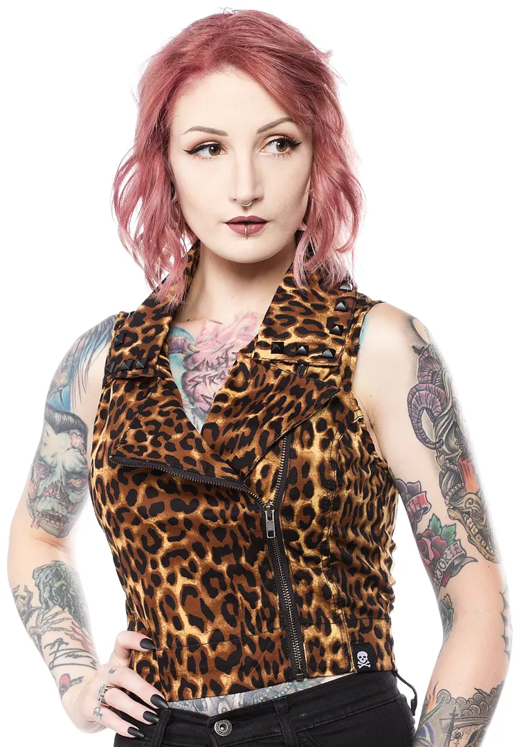 Sourpuss Studded Moto Vest Leopard (S and XL ONLY)