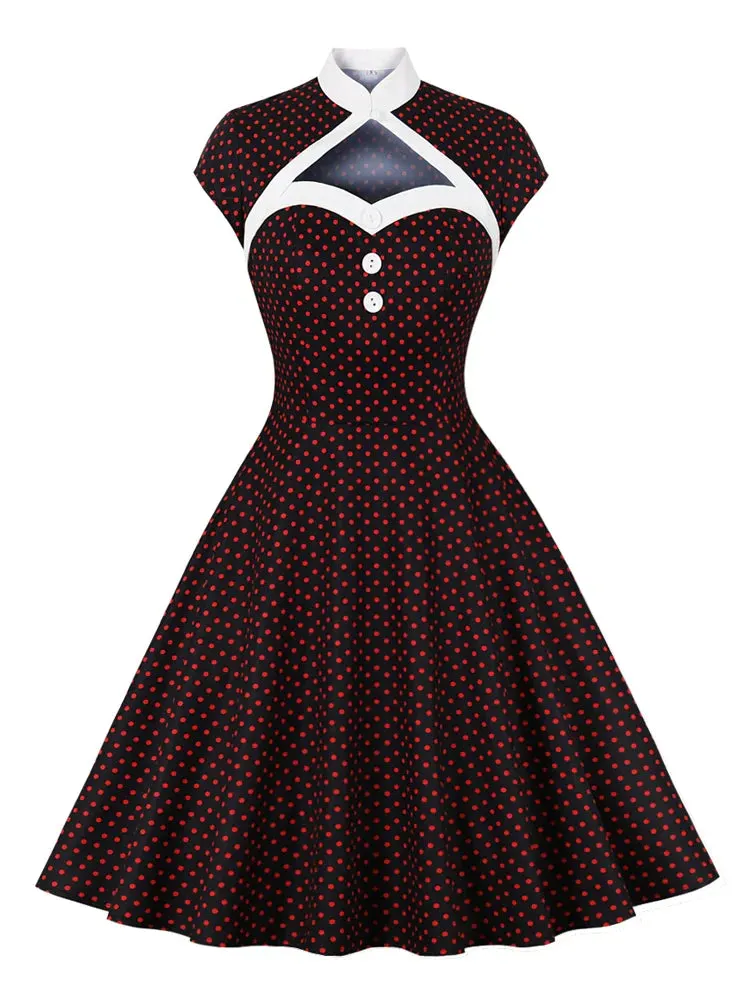 Stand Collar Hollow Out Front Button Evening Party Dresses Women Cap Sleeve Polka Dot Vintage Dress