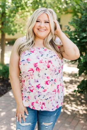 Sunshine & Good Vibes Floral Tank Top- Ivory, Pink, & Purple