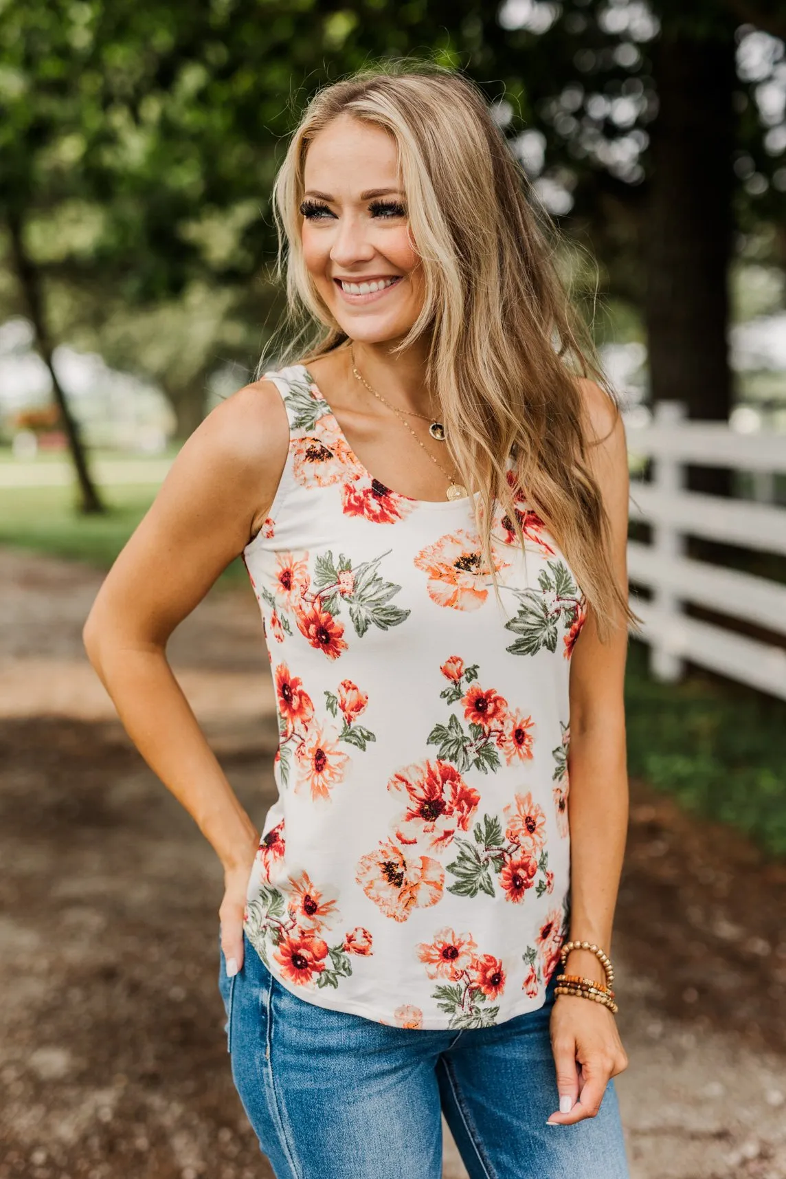 Sunshine & Good Vibes Floral Tank Top- Ivory, Rust, & Forest Green