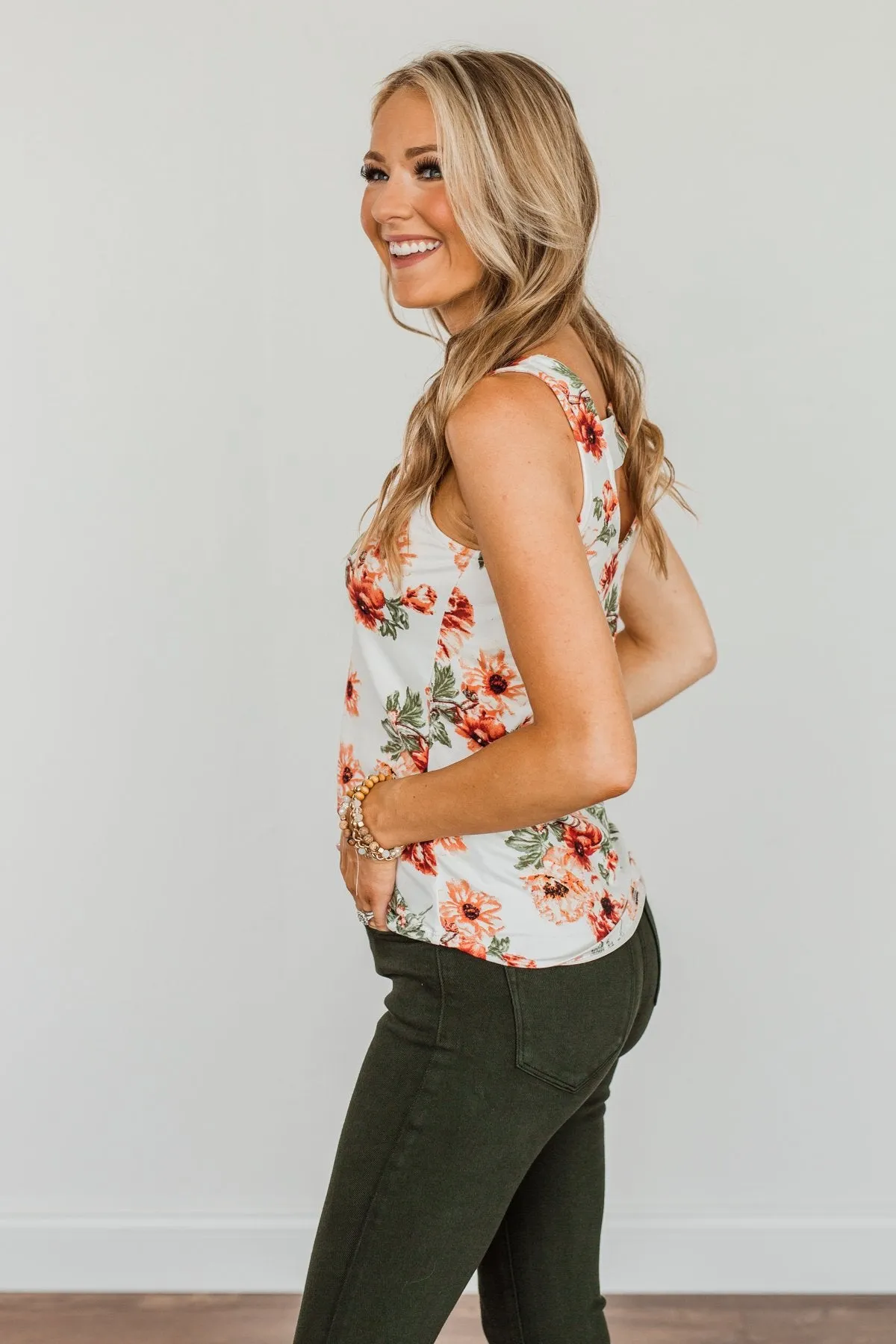 Sunshine & Good Vibes Floral Tank Top- Ivory, Rust, & Forest Green