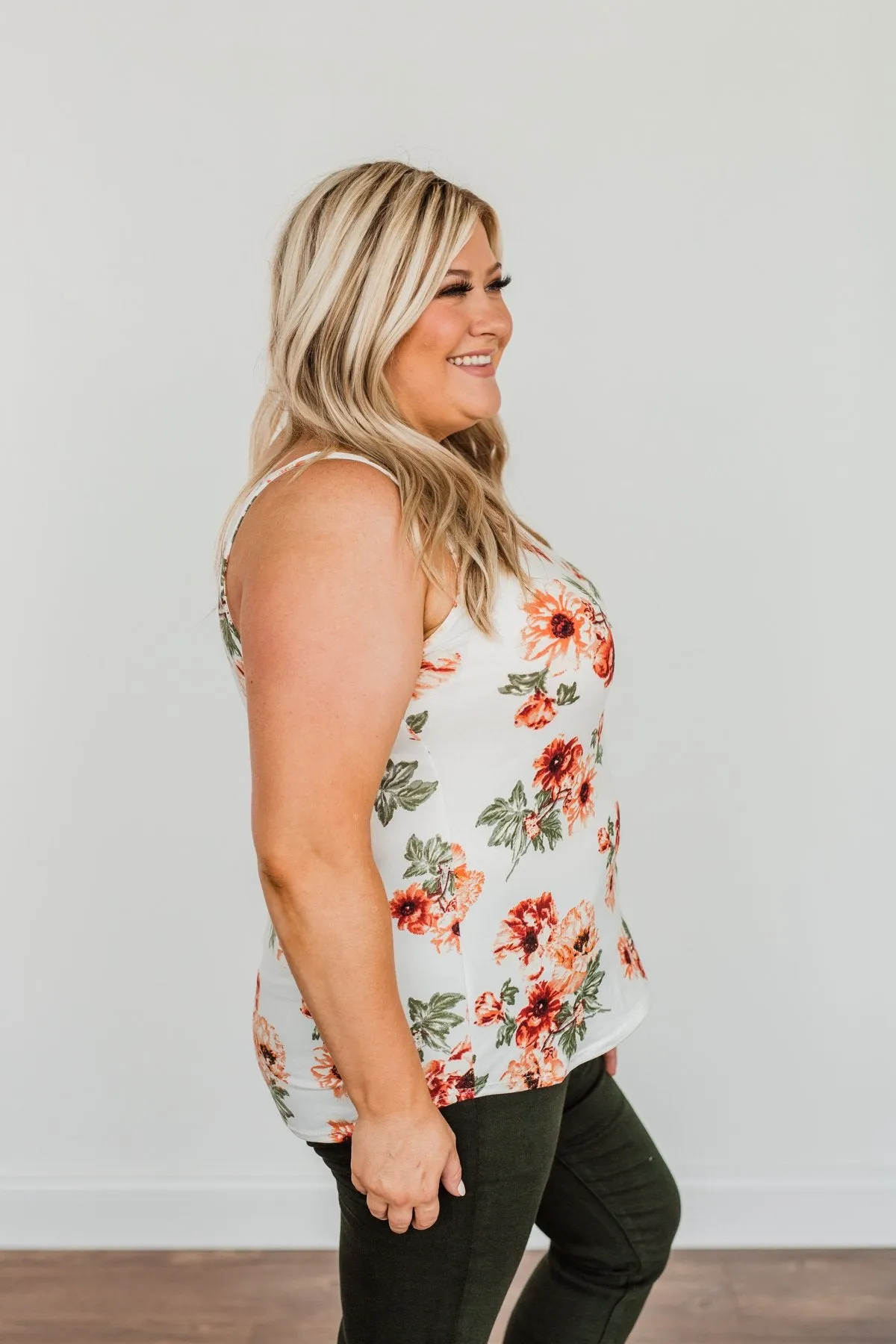 Sunshine & Good Vibes Floral Tank Top- Ivory, Rust, & Forest Green