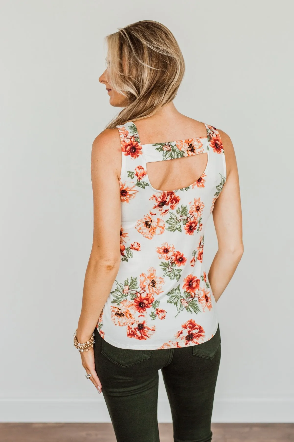 Sunshine & Good Vibes Floral Tank Top- Ivory, Rust, & Forest Green