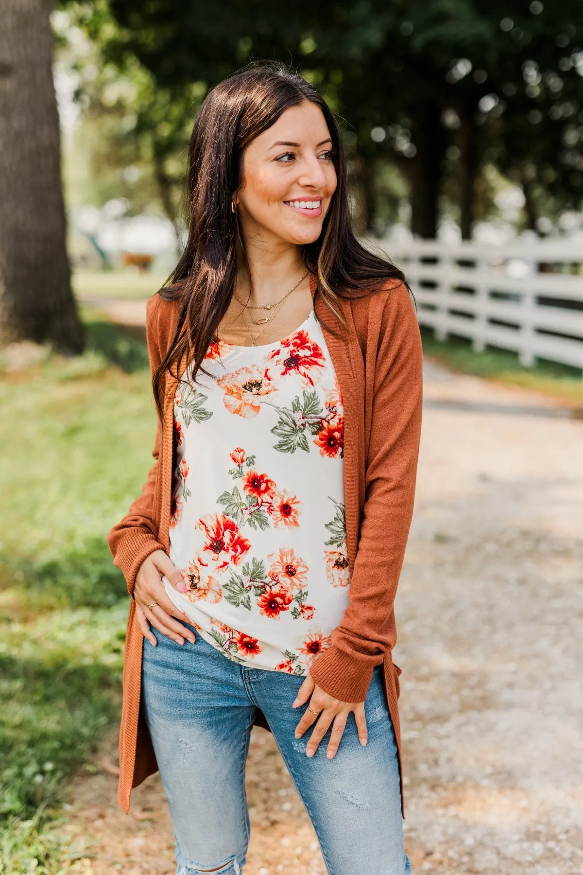 Sunshine & Good Vibes Floral Tank Top- Ivory, Rust, & Forest Green