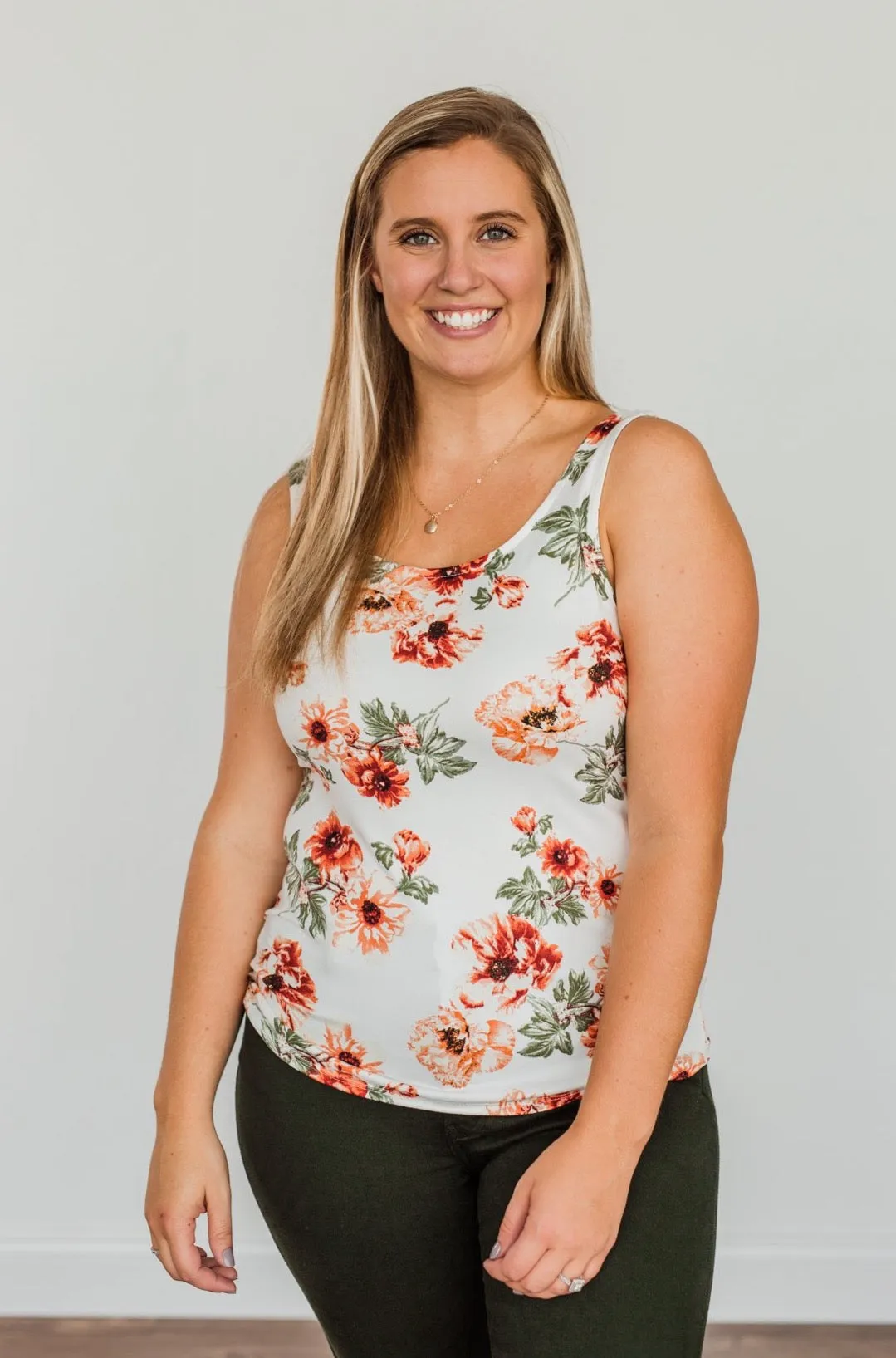 Sunshine & Good Vibes Floral Tank Top- Ivory, Rust, & Forest Green