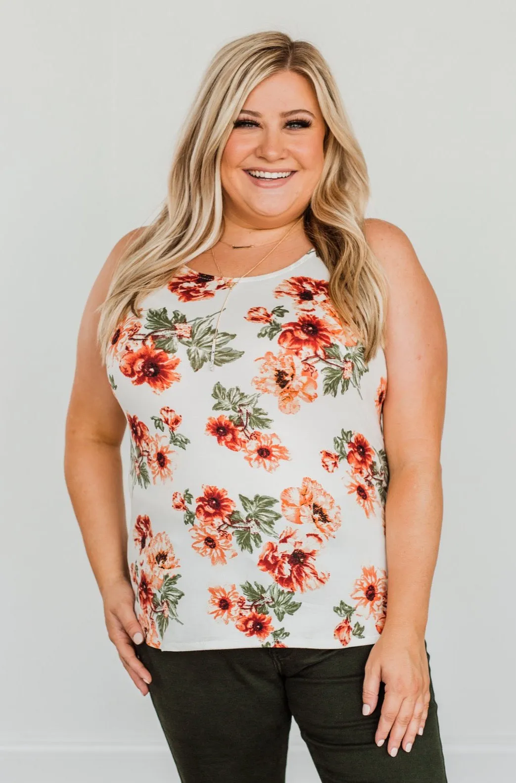 Sunshine & Good Vibes Floral Tank Top- Ivory, Rust, & Forest Green