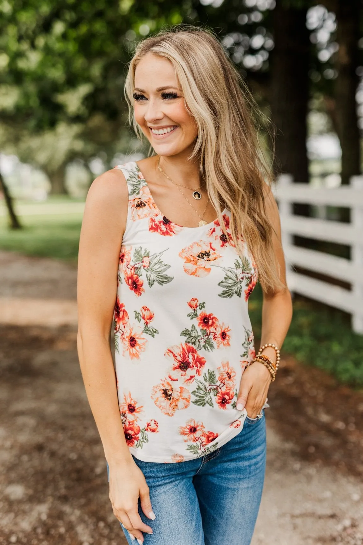 Sunshine & Good Vibes Floral Tank Top- Ivory, Rust, & Forest Green