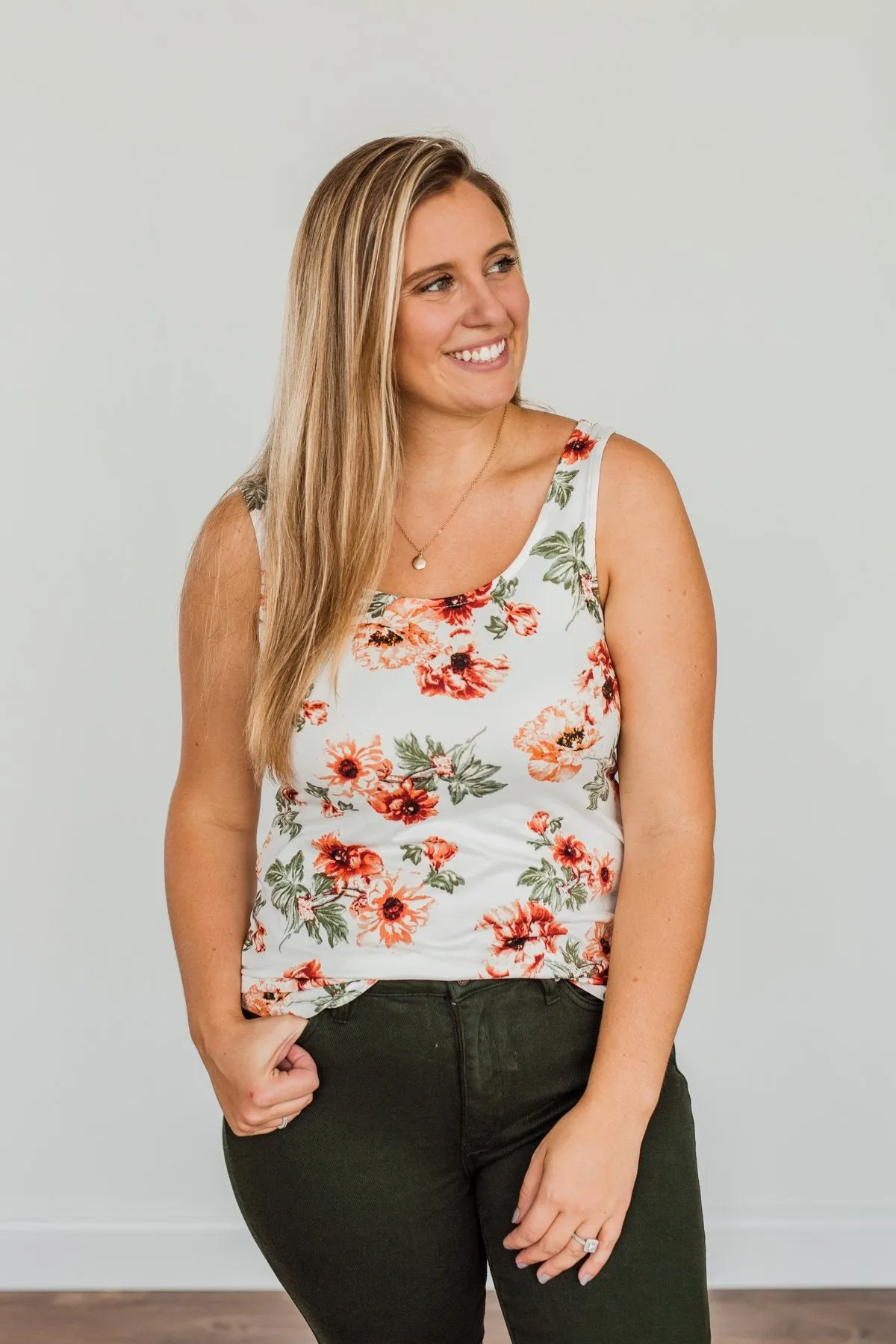 Sunshine & Good Vibes Floral Tank Top- Ivory, Rust, & Forest Green