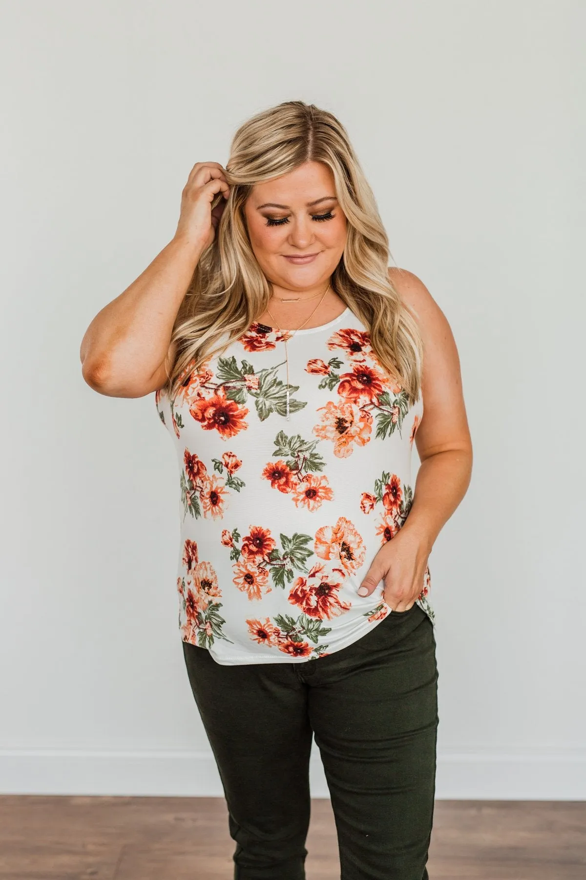 Sunshine & Good Vibes Floral Tank Top- Ivory, Rust, & Forest Green