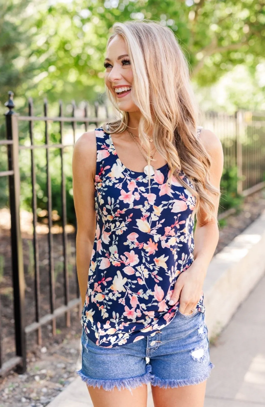 Sunshine & Good Vibes Floral Tank Top- Navy