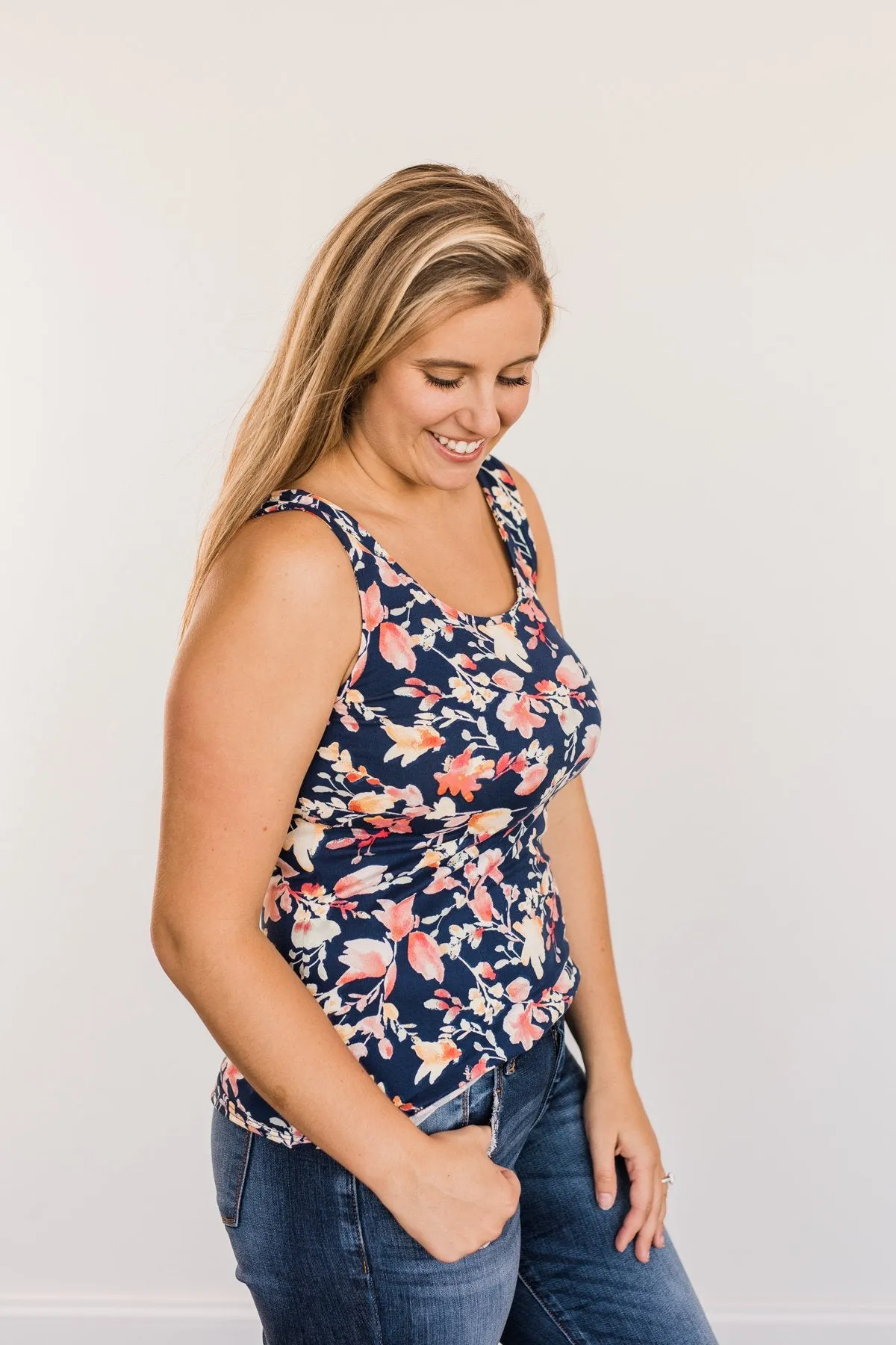 Sunshine & Good Vibes Floral Tank Top- Navy