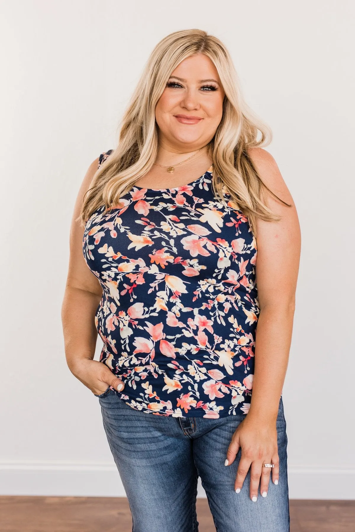 Sunshine & Good Vibes Floral Tank Top- Navy